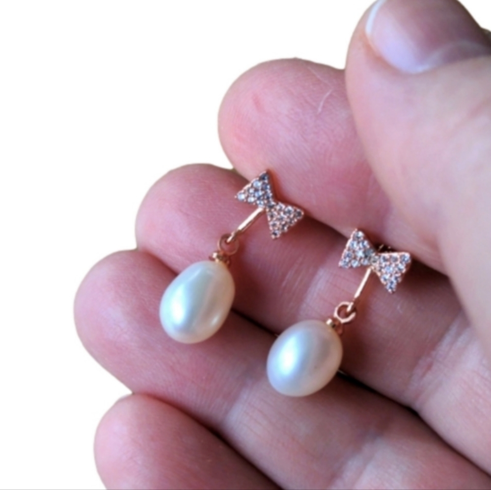 925 sterling silver dangle earrings with natural pearls, 14K rose gold plated - Picture 8 of 9